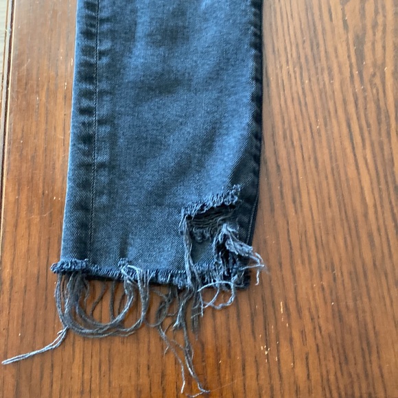 AGOLDE black distressed mid rise stretch straight leg jeans w/ raw cut out cuffs - Picture 8 of 16